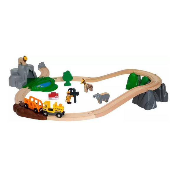 A wooden train set featuring giraffes, elephants, and other animals in a jungle kingdom.