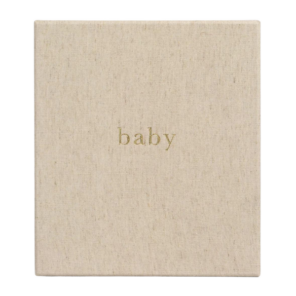 A simple keepsake box with the word "baby" printed in lowercase letters from Write To Me Baby Birth to Five Years Oatmeal.