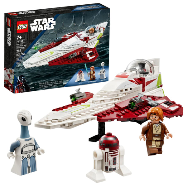 The LEGO® Star Wars Obi-Wan Kenobi’s Jedi Starfighter™ set 75333 by Legos - Toyhouse includes minifigures of Obi-Wan Kenobi, a Kaminoan, and an astromech droid. The box and the assembled set are displayed side by side for a perfect showcase.