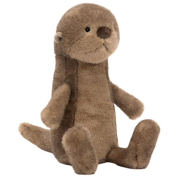 The Jellycat Brooke Otter plush toy, featuring a soft brown design and a round nose, sits upright against a white background, evoking the essence of leisurely river walks.