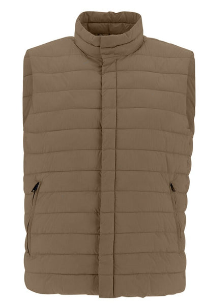 A front view of a tan-colored, quilted puffer vest with a high collar and zippered side pockets. The vest, similar to the Herno Legend Matte Nylon Vest, features horizontal stitching and exudes a sleek, chillproof design with no visible brand or logos.