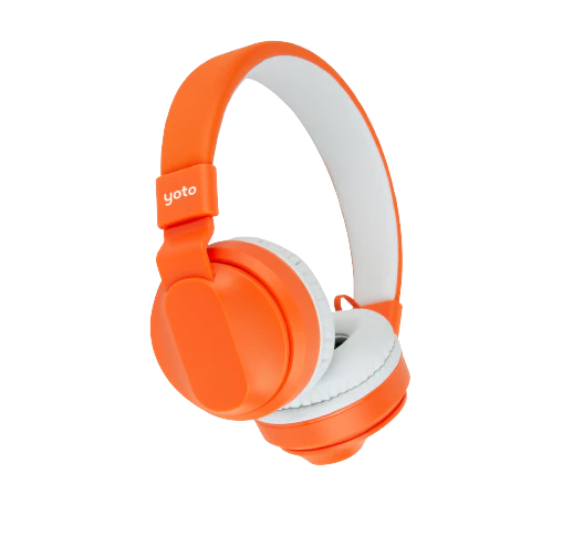 Yoto, Headphones Orange with white ear cushions and an adjustable headband, featuring lightweight durable construction and kid-safe volume limiting, branded with the name "Yoto" on the left ear cup.