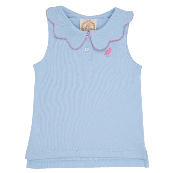 The Beaufort Bonnet Company Paige's Polo is a light blue sleeveless shirt featuring a scalloped collar, pink trim, and a small pink embroidered flamingo on the left side, crafted from 100% Pima Cotton.