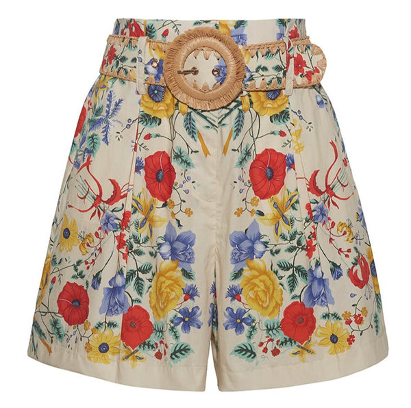 High-waisted, 100% cotton floral print Cara Cara Palmer Shorts with a buckled belt, featuring vibrant red, yellow, and blue flowers on a light background by Cara Cara.