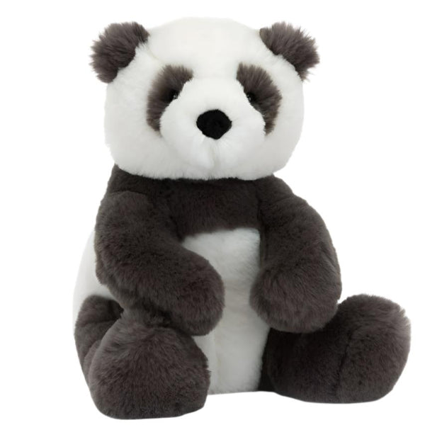 The Jellycat Harry Panda Cub, Small is a velvety-soft stuffed bear with white and dark gray fur, sitting upright and looking delightfully cuddly.