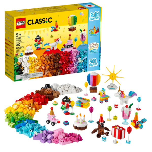 An imaginative LEGO® Classic Creative Party Box from Legos - Toyhouse, featuring a vibrant 900-brick set with various small constructions like animals, vehicles, and objects, all displayed against a white background. The inventive LEGO building toy box is showcased in the background.