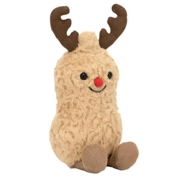 The Jellycat Amuseable Peanut Reindeer, featuring delightful antlers and a festive red nose, is seated upright, poised to add a dash of Christmas joy to your home.