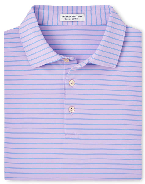 A folded lavender Peter Millar Drum Performance Jersey Polo with thin blue horizontal stripes, a collar, and a three-button placket. This moisture-wicking shirt by Peter Millar offers UPF 50+ sun protection.