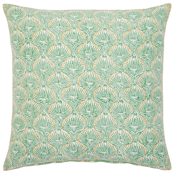 The John Robshaw Divit Sage Decorative Pillow by John Robshaw is a square cushion featuring a green and white floral pattern, hand block printed on linen-cotton fabric, and finished with hand-stitched edging.