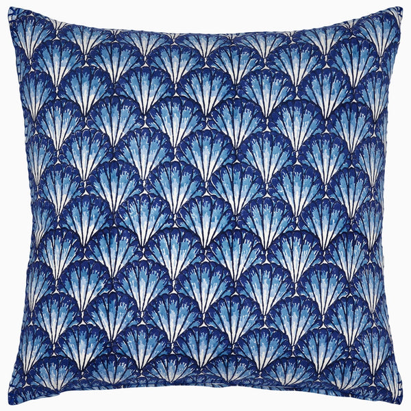 The John Robshaw Fulki Pillow by John Robshaw is a square blue throw pillow adorned with a repeating pattern of white and light blue fan shapes, and it features indigo edging.