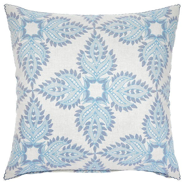 The John Robshaw Verdin Lapis Euro Pillow by John Robshaw is a square pillow that showcases a blue and gray floral geometric pattern on a white background, enhanced with the textural quality of linen cotton.