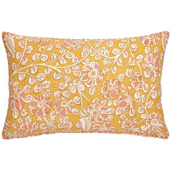 The John Robshaw Viraj Kidney Pillow by John Robshaw is a rectangular throw pillow featuring a yellow background adorned with a floral pattern in pink and white. It is hand block printed on linen cotton and embellished with exquisite hand-stitched edging.