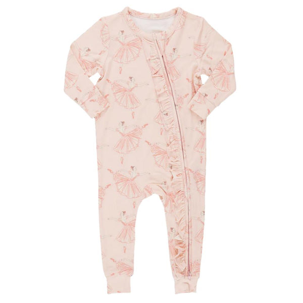 Pink Chicken Baby Girls' Ruffle Bamboo Romper by Pink Chicken, featuring a charming Pink Ballerinas print in baby pink with a ruffle detail along the front zipper.