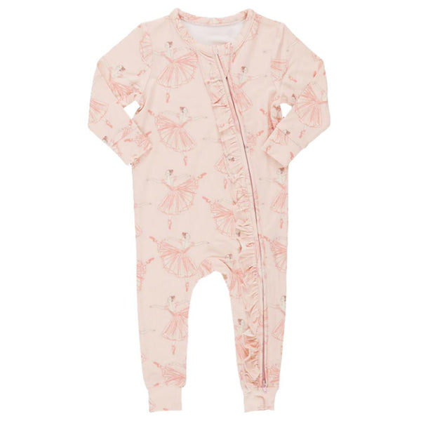 The Pink Chicken Kids' Bamboo Pj Set is a light pink baby onesie featuring a charming ballerina pattern, long sleeves, and an elegant ruffle detail along the diagonal zipper on the front. Made from breathable fabric by Pink Chicken, it keeps your little one comfortable and is perfect for cozy bedtime stories.