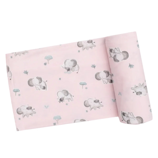 The Angel Dear Gray Elephants Pink Swaddle Blanket, crafted by Angel Dear, boasts a delightful pattern of gray elephants and trees. Made from bamboo, it provides an exceptionally soft feel, making it ideal for swaddling.