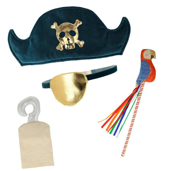 The Meri Meri Pirate Costume by Meri Meri is perfect for imaginative play and includes a blue hat with a skull emblem, a gold eye patch, a silver hook hand, and a colorful parrot on a stick. Ideal for any pirate party!