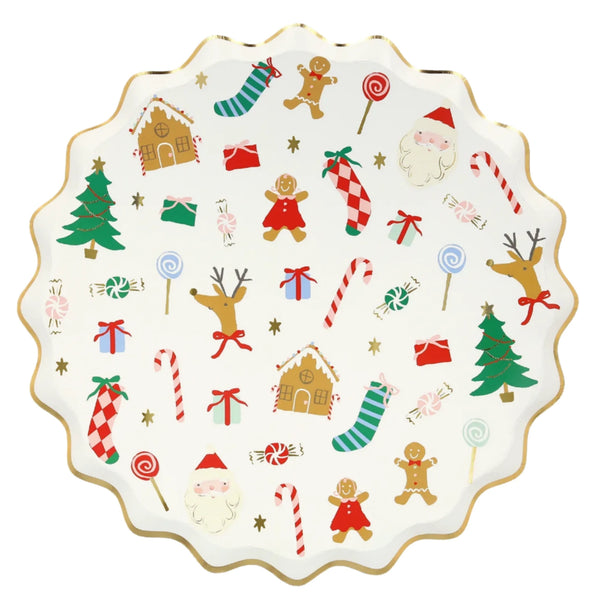 The Meri Meri Jolly Christmas Dinner Plates (8) from Meri Meri are round with scalloped edges, showcasing Christmas-themed designs like gingerbread men, candy canes, reindeer, trees, gifts, stockings, and Santa Claus. Enhanced with gold foil details on a white background, they are ideal for creating a festive party atmosphere.