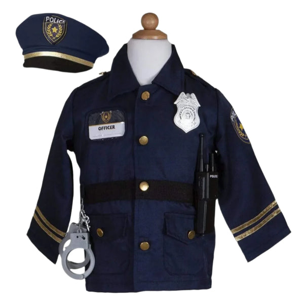 The Great Pretenders Police Officer Set by Great Pretenders includes a child-sized jacket, badge, walkie-talkie, handcuffs, and hat displayed on a mannequin torso—perfect for dress-up fun and imaginative role-playing adventures.