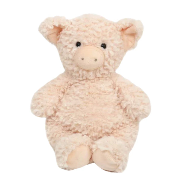 A soft and cuddly MON AMI Polly Pig, ideal as a baby toy, boasts a textured design with round black eyes and a petite snout, sitting upright against a white background.