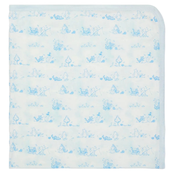 The Magnetic Me Pooh in the Woods Blanket is a white baby blanket featuring light blue prints of playful bears and trees in repeated patterns, crafted from eco-friendly modal fabric.