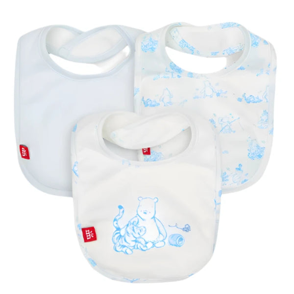 Introducing the Magnetic Me Pooh in the Woods Bib 3-Pack: a set of three eco-friendly TENCEL™ modal baby bibs, featuring charming blue illustrations of bears and tigers. Each bib is designed with a SewSafe™ magnetic closure for easy and safe wear.