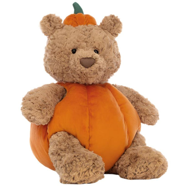 Meet the Jellycat Bartholomew Bear Pumpkin by Jellycat, a stuffed teddy bear dressed in an adorable pumpkin costume with a small green stem on top of his head. His removable costume allows for easy dress-up fun, and his huggable paws make him perfect for cozy cuddles.