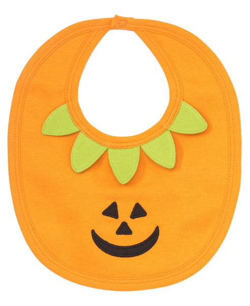 The Kissy Kissy Pumpkin Bib by Kissy Kissy features an adorable orange design with green leaf-like details and a smiling jack-o'-lantern face, perfect for Halloween festivities. Made from soft Pima cotton, this bib ensures comfort and style for your little one.