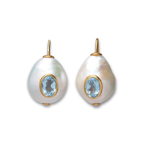 The Lizzie Fortunato Pearl Pablo Earrings by Lizzie Fortunato showcase two exquisite pearl drop earrings adorned with light blue gemstones and gold accents, crafted from gold-plated sterling silver, elegantly displayed against a white background.