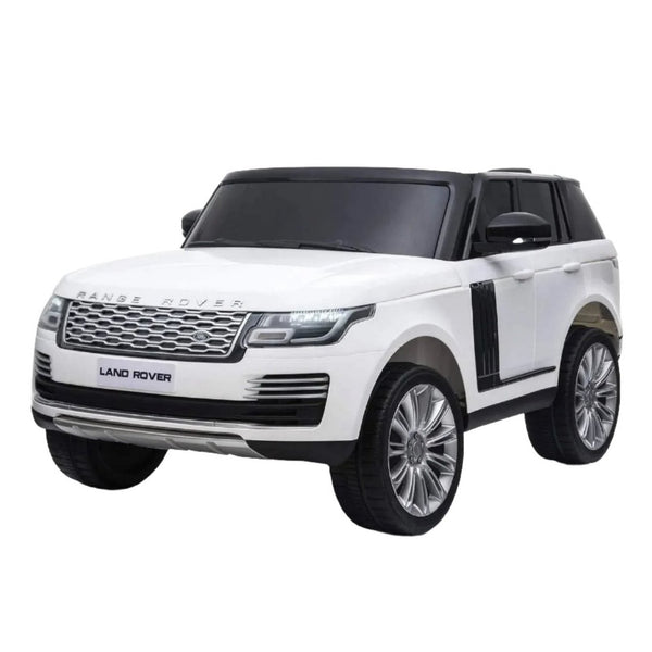 A white Freddo Range Rover HSE 24V 2 Seater Ride On toy featuring a detailed front grille, black tinted windows, silver wheels, and LED lights.