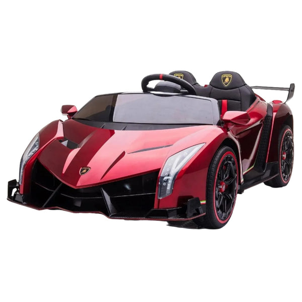 The Freddo Lamborghini Veneno 24V 2 Seater Ride On, a red children's electric car with black accents, comes equipped with two seats, a powerful 24V battery, and a remote control for enhanced safety.