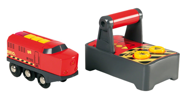 A red BRIO World railway engine sits beside a black and red Brio Remote Control Engine, which features two yellow dials.