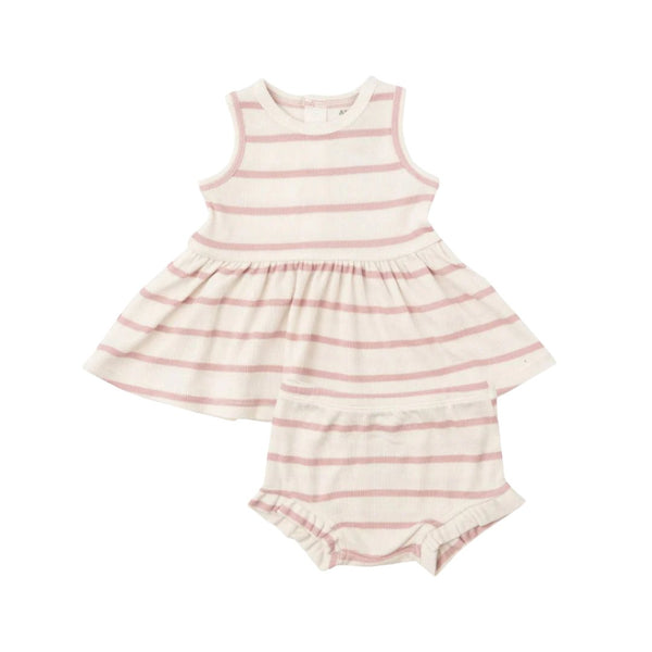 Angel Dear's Rib Peplum Tank and Biker Short Set for infant girls features a sleeveless top and matching bottoms in a white and light pink horizontal stripe pattern, crafted from 94% Modal with a touch of Spandex for extra comfort.