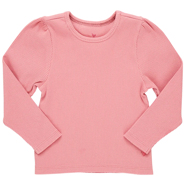 A Pink Chicken Girls' Organic Camella Rib Top, crafted from GOTS-certified organic cotton and dyed with eco-friendly inks, is laid flat against a white background.