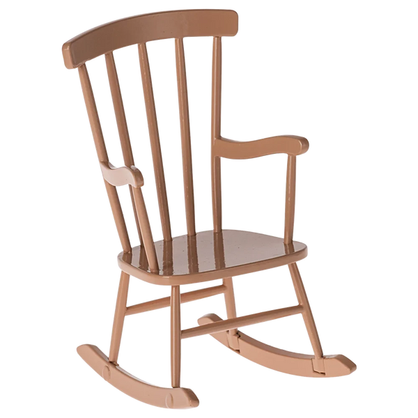 The Maileg Rocking Chair, Mouse - Dark Powder by Maileg is a charming addition to any collection of mouse furniture, featuring a curved backrest and armrests with a sophisticated dark powder finish.