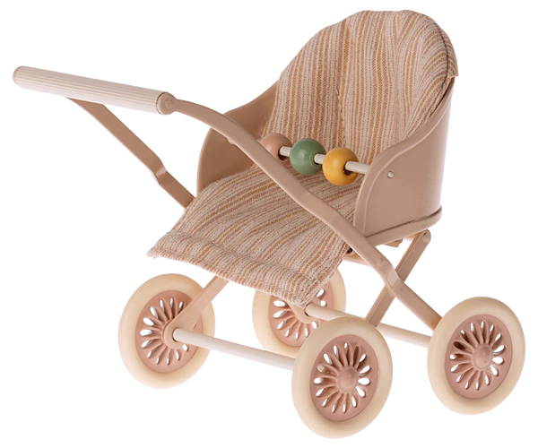 The Maileg Stroller, Baby Mice - Rose by Maileg is a beige toy stroller featuring a fabric seat, two green and yellow beads on the handle, and four wheel covers with a floral-like pattern, making it perfect for transporting two or three babies in mouse families.