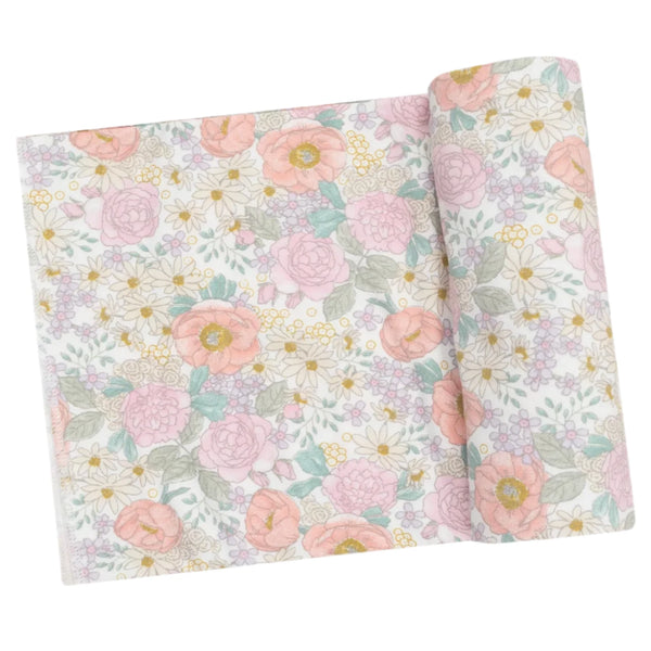 Angel Dear Peonies and Roses Swaddle Blanket featuring a soft floral design with pink, yellow, and green flowers on a white background, perfect for delicate swaddles.