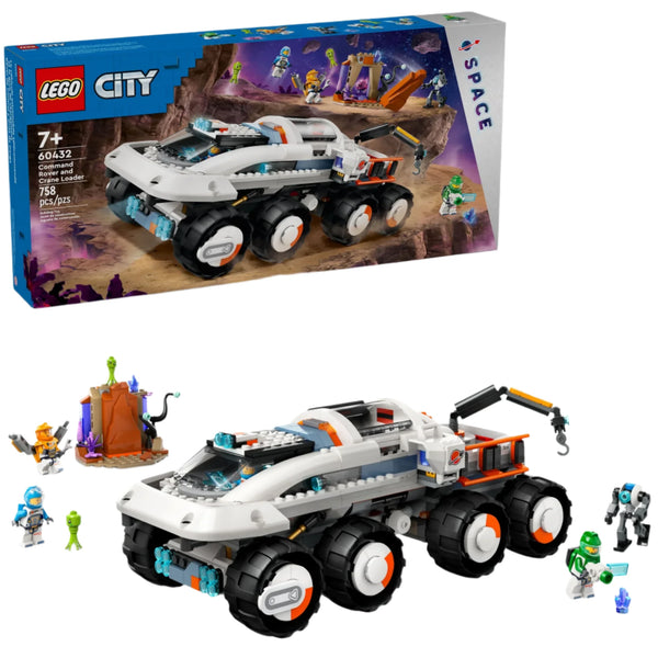 Box and assembled LEGO® City Command Rover and Crane Loader set, featuring a large multi-wheeled command rover with an extendable arm, an orange-tipped drill, and several small astronaut and alien figures by Legos - Toyhouse.