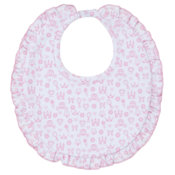 The Kissy Kissy Royal Details Bib, by the brand Kissy Kissy, is a pink and white baby bib made from Pima cotton, featuring ruffled edges and decorated with patterns of crowns, bows, and flowers. It includes an absorbent terry cloth backing for added comfort.