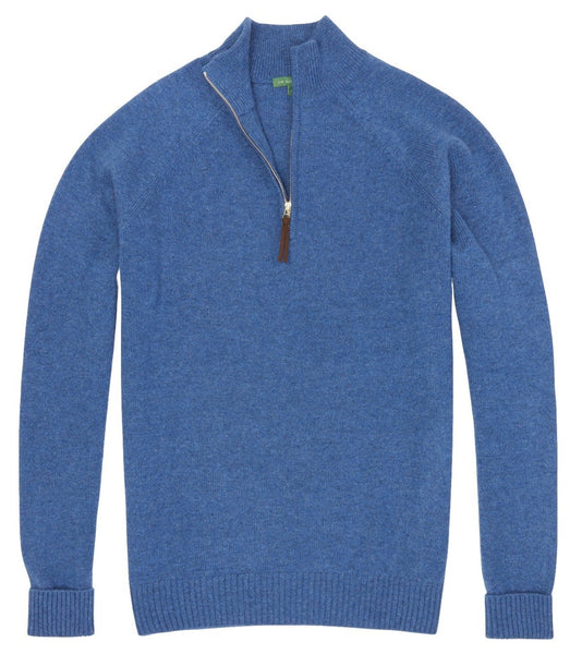 A blue Sid Mashburn Half-Zip Sweater, crafted from cashmere, featuring a ribbed high neck, ribbed cuffs, and a brown zipper pull.