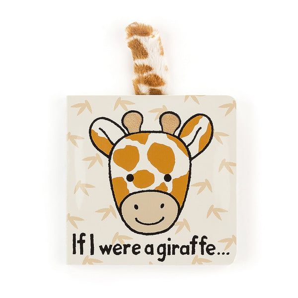 If I Were A Giraffe board book by Jellycat. Front cover features a spotted giraffe with a tail coming out of the book against a beige background.