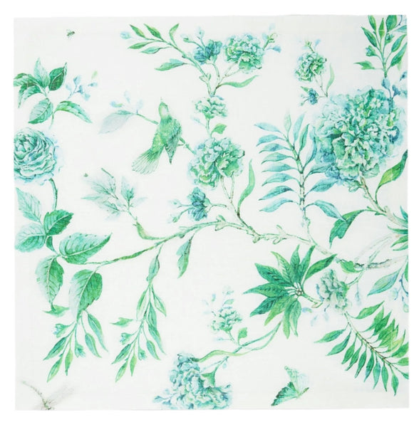 The Aquazzura Casa Secret Garden Napkins, Set of 4, are crafted from high-quality linen and adorned with a green floral and bird pattern. They feature various shades of green leaves, flowers, and small birds, making them perfect for creating elegant garden napkins with English corners.