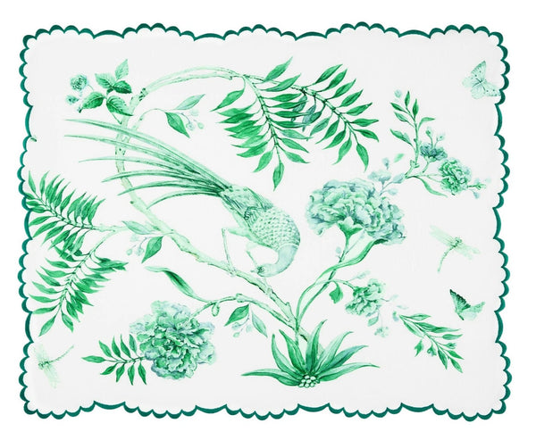 Square illustration on a white background featuring green botanical elements, a bird perched on a branch, butterflies, a dragonfly, and flowers. The scalloped edges add an embroidered touch to this kelly green garden motif, evoking the charm of the Aquazzura Casa Secret Garden Placemat Set by Aquazzura Casa.