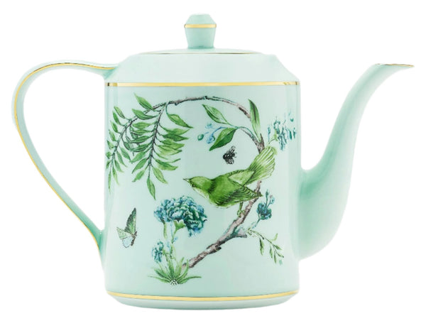 Mint green Aquazzura Secret Garden Tea/Coffee Pot by Aquazzura Casa, crafted from high-quality porcelain and adorned with gold details, featuring intricate illustrations of birds, butterflies, and foliage.