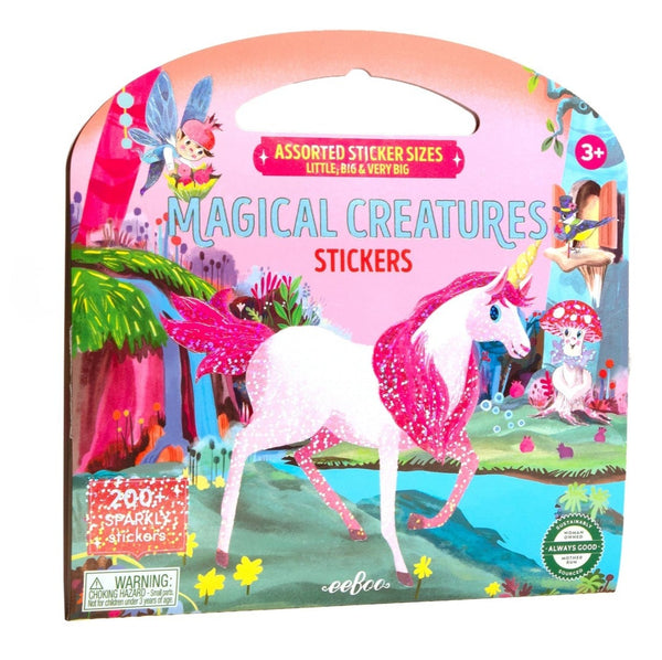 Packaging of the "eeboo Shiny Sticker Book" by Eeboo featuring a pink unicorn and fairies. The set, perfect for imaginative play, includes assorted sticker sizes and contains 200+ sparkly stickers, recommended for ages 3 and up.