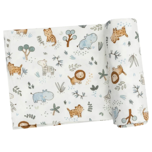 The Angel Dear Delicate Safari Swaddle Blanket by Angel Dear is made from soft and stretchy viscose from bamboo, showcasing a white background decorated with cartoon animals and trees, including pastel-colored lions, hippos, and giraffes.