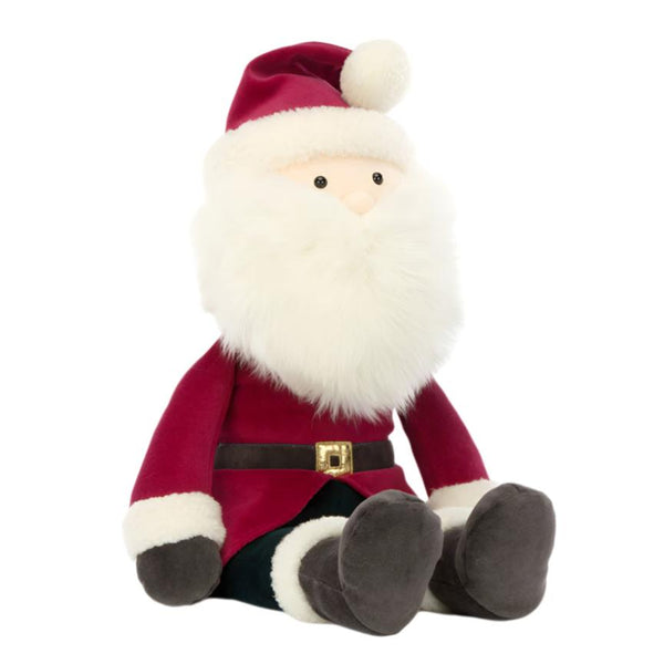 A Jellycat Jolly Santa plush toy from the brand Jellycat features a berry-red coat, fluffy fleece accents, sits upright with a white beard and black belt in its "Big" version.