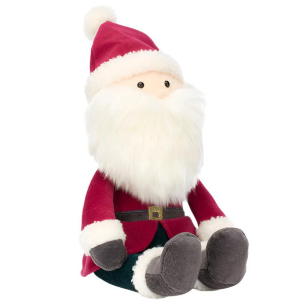 The Jellycat Jolly Santa, Medium by Jellycat is a plush toy featuring a white beard, red hat, and berry-red coat. Perfect for Christmas decorations, this charming figure is seated upright with grey boots.