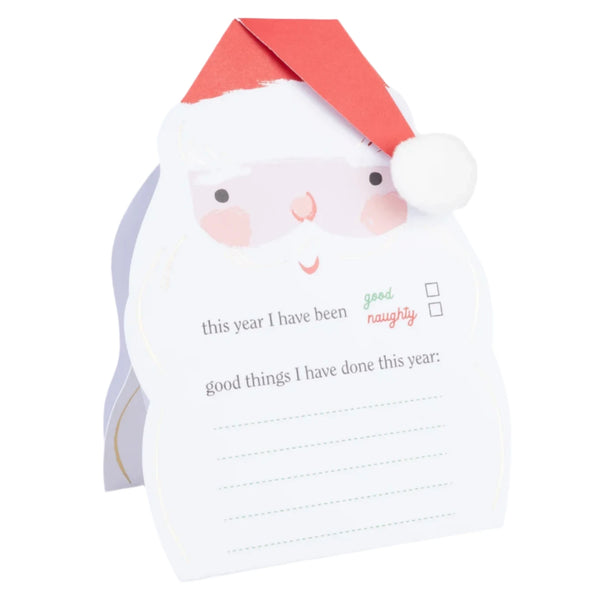 The Meri Meri Letter To Santa Card, designed by Meri Meri, features a delightful Santa-themed checklist with "good" and "naughty" options for documenting your yearly deeds. It includes a red paper hat adorned with a pompom detail, ideal for writing your letter to Santa.