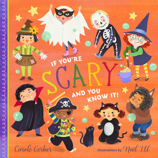 Children dressed in various Halloween costumes including a ghost, skeleton, witch, vampire, pirate, cat, and superhero are featured on an orange background with the text "If You're Scary and You Know It!" by Abrams—a festive holiday book that captures the spirit of Halloween.