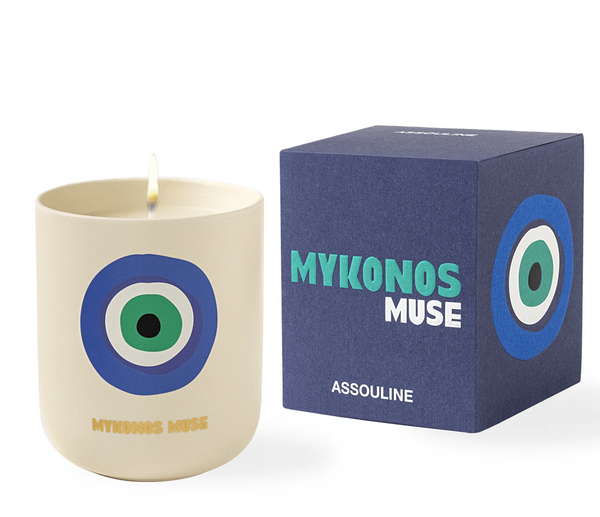 A Travel Candle Mykonos Muse in a box inspired by Assouline.